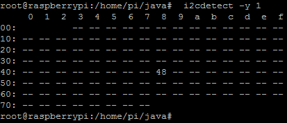 Console output of the i2cdetect command executed on the Pi.